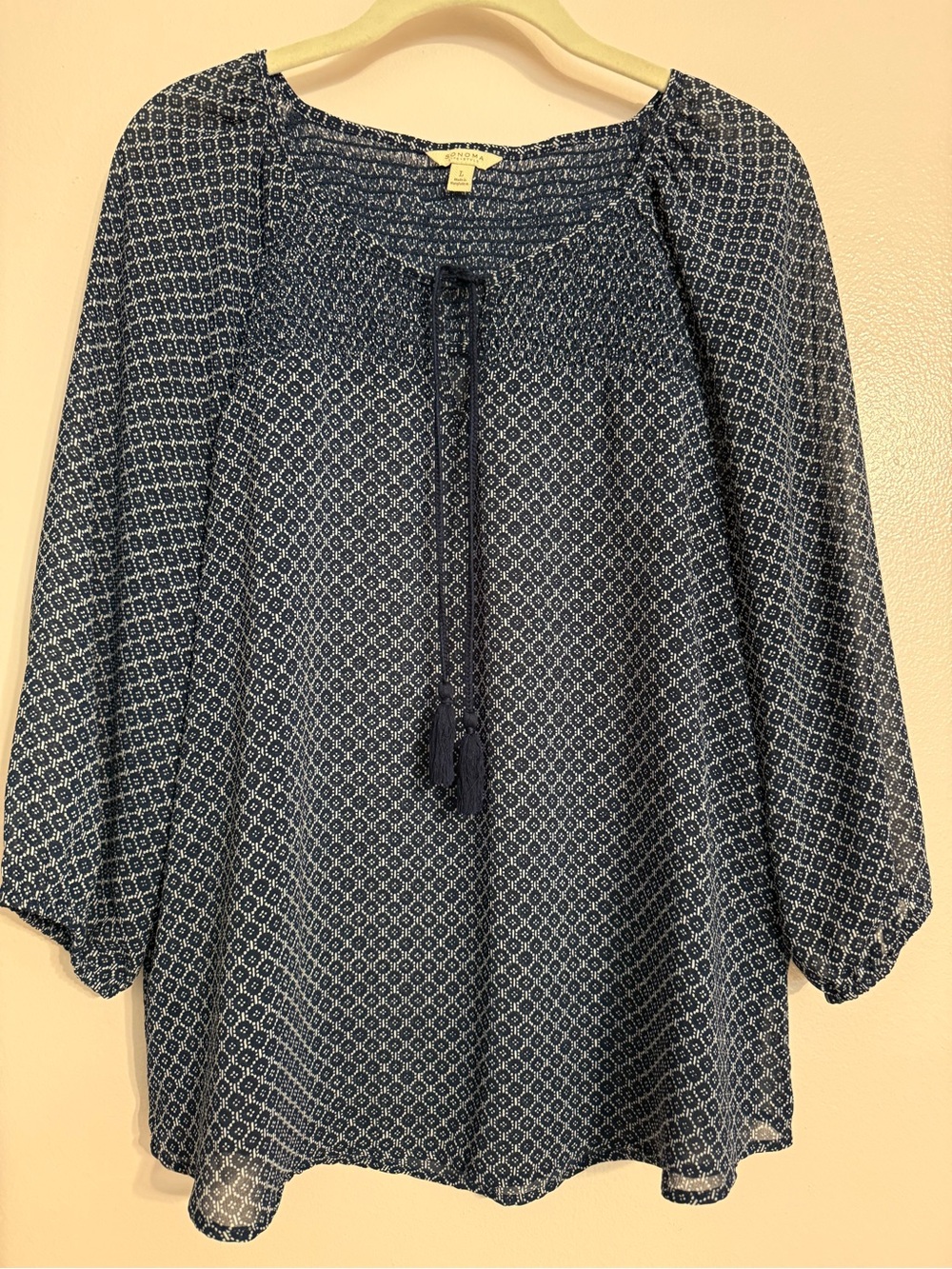 Sonoma Navy Blue Geo Print Peasant Tunic with Tassel Tie
